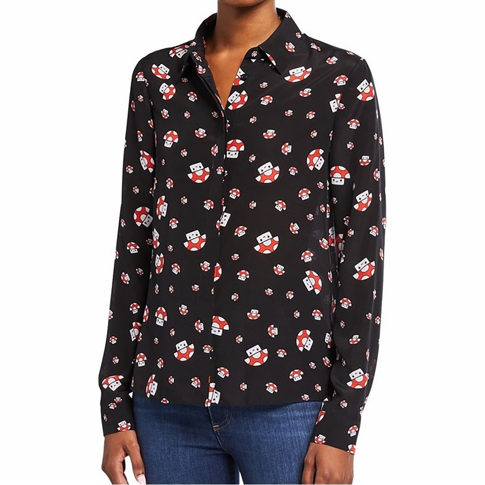 Alice + Olivia x Friends With You Willa Mushroom Print Shirt Blouse Silk Black S